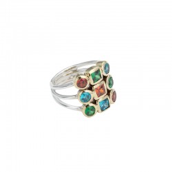 Bague large 3 Anneaux fins - Pavé rectangulaire cristaux multicolores TAILLE 52