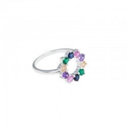 Bague fine en argent AMBRE & Corolle de cristaux multicolores TAILLE 58