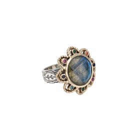 Bague large Anneau antique Fleur, cristaux multicolores & Labradorite ronde BIJOUX CANYON