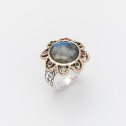 Bague Anneau antique Fleur DOLCE - Cristaux multicolores & Labradorite TAILLE 58