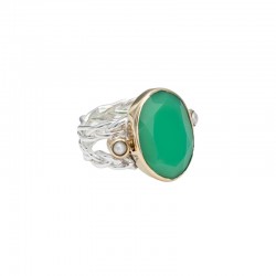 Bague large Anneau tressé, perles blanches & Chrysoprase verte ovale TAILLE 58