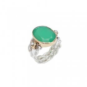 Bague large Anneau tressé, perles blanches & Chrysoprase verte ovale BIJOUX CANYON