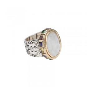 Bague large Anneau antique, cristaux multicolores & Pierre de Lune ovale BIJOUX CANYON