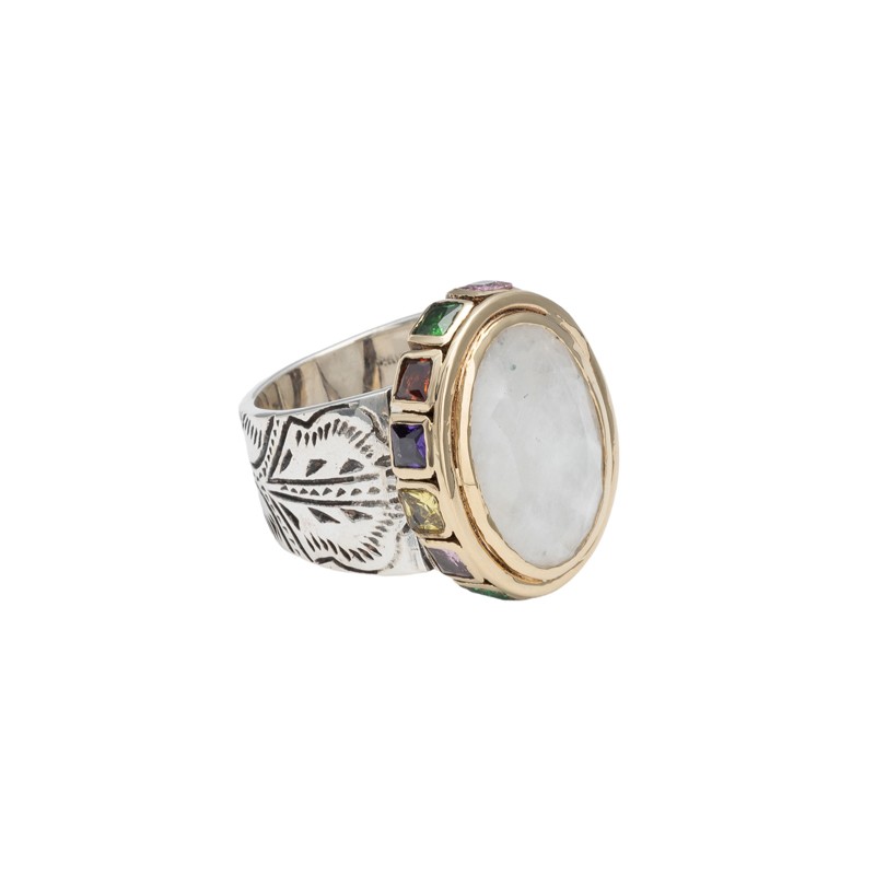 Bague large Anneau antique, cristaux multicolores & Pierre de Lune ovale BIJOUX CANYON