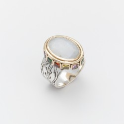 Bague large Anneau antique, cristaux multicolores & Pierre de Lune ovale TAILLE 52