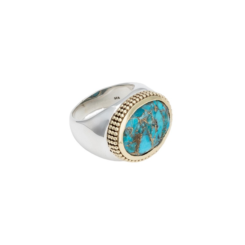 Bague large Anneau argent doré & Turquoise en cabochon ovale BIJOUX CANYON