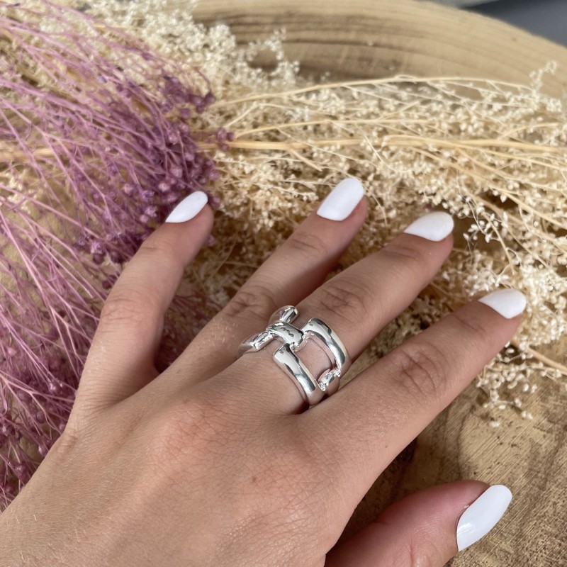 Bague En Argent Massif - Anneau Avec Motif Carrés Ajourés, Taille 44, Occasion