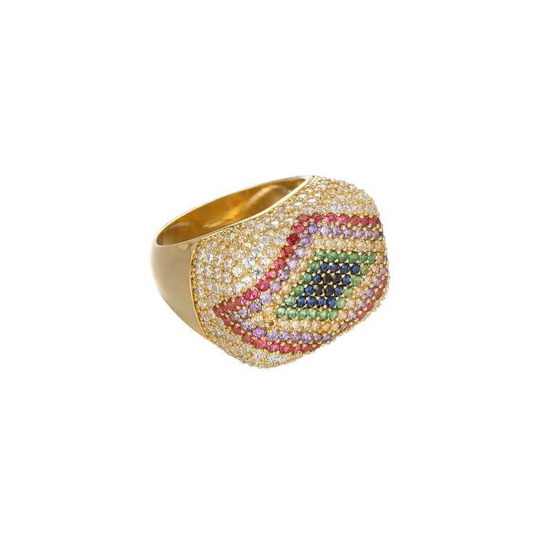 Bague large SAUDJI Or - Oeil pavé rectangulaire & cristaux multicolores HIPANEMA