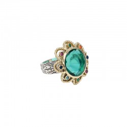 Bague Anneau antique Fleur DOLCE - Verre Apatite & Cristaux multicolores TAILLE 58