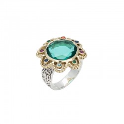 Bague large Anneau antique Fleur DOLCE - Verre Apatite & Cristaux multicolores - CANYON