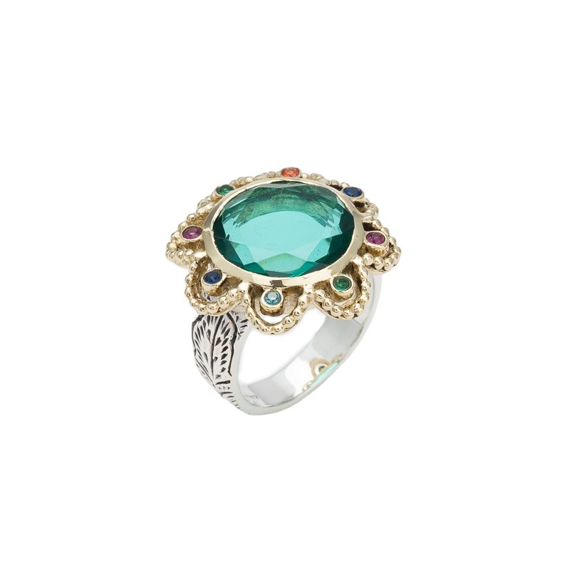 Bague large Anneau antique Fleur DOLCE - Verre Apatite & Cristaux multicolores - CANYON