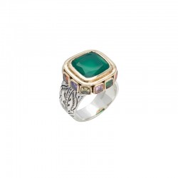 Bague large Anneau antique, cristaux multicolores & Onyx vert carrée - CANYON