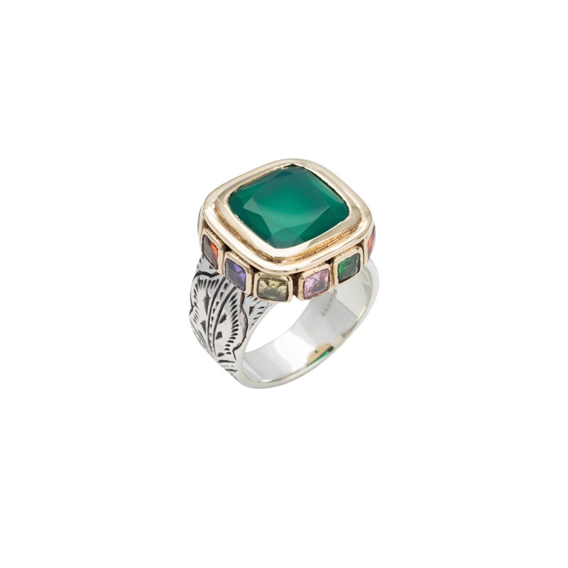 Bague large Anneau antique, cristaux multicolores & Onyx vert carrée - CANYON