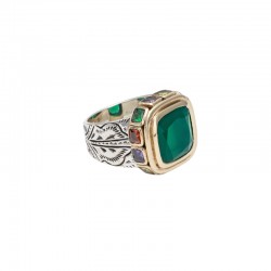 Bague large Anneau antique MONA cristaux multicolores & Onyx vert carré TAILLE 50