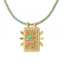 Collier cordon SATURNE BOHEME Or & Pendentif rectangle planète - Mya-Bay