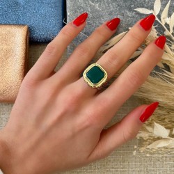 Bague large Anneau antique MONA cristaux multicolores & Onyx vert carré TAILLE 50