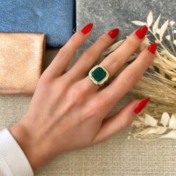 Bague large Anneau antique MONA cristaux multicolores & Onyx vert carré TAILLE 50