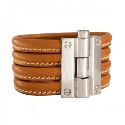 Bracelet Manchette jonc, cuir camel & Plaque rivet CXC