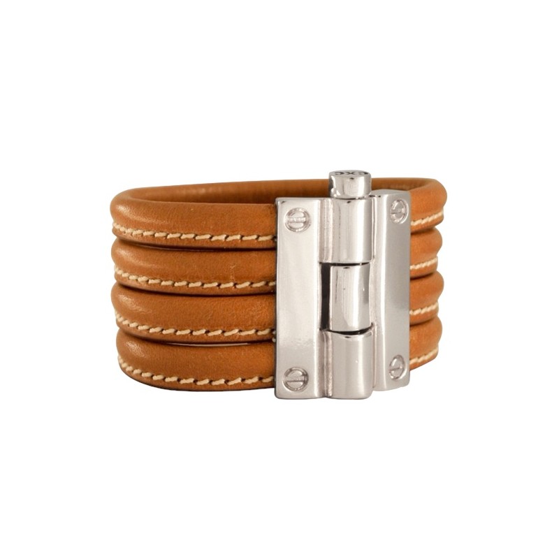 Bracelet Manchette jonc, cuir camel & Plaque rivet CXC