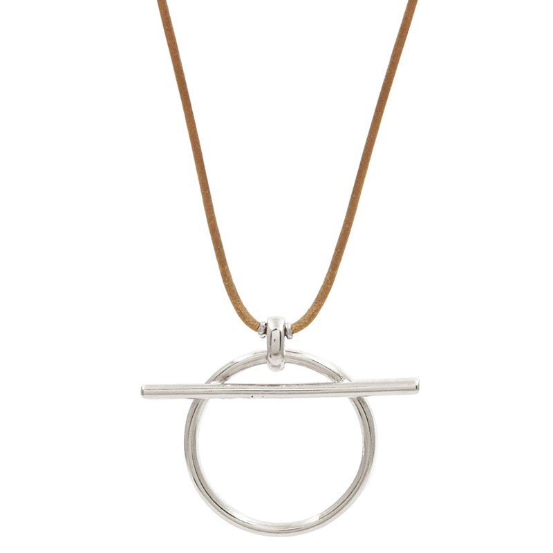 Collier court VAINILLA Metal - Lien de cuir camel & Pendentif anneau barrette - CXC