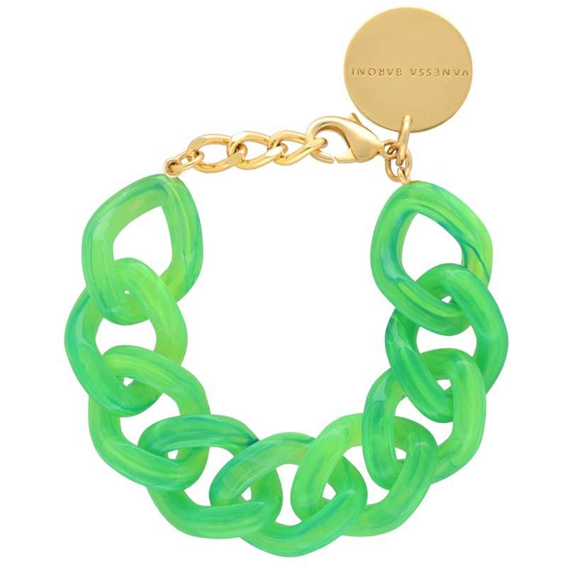 Bracelet FLAT CHAIN Neon Green Marble Doré - Gros Maillons plats vert fluo marbré - VANESSA BARONI