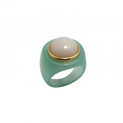 Bague large Jade & Opal Résine vert clair - Cabochon rond blanc - Lucas Jack