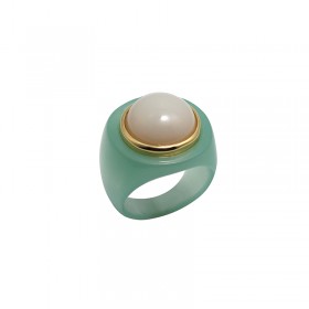 Bague large Jade & Opal Résine vert clair - Cabochon rond blanc - Lucas Jack