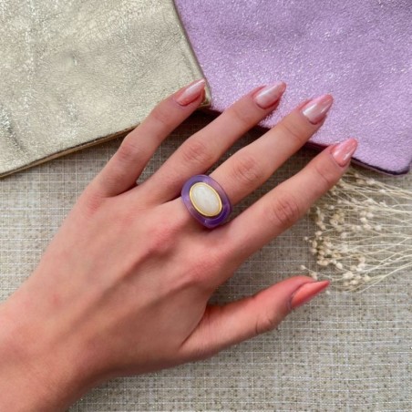 Bague Rétro Grande En Résine à Cabochon Paillètes Or/Argent - Taille 57 - Occasion