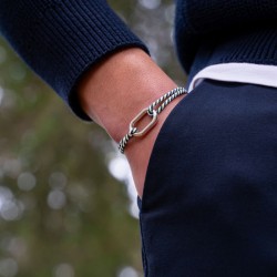 Bracelet AMURE argent - Maillon ovale & Cordon rayé beige, bleu