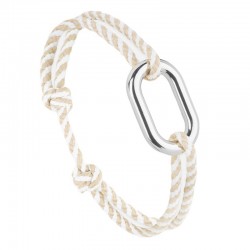 Bracelet HUNE argent - Maillon ovale & Cordon rayé beige, blanc - Le Vent à la Française