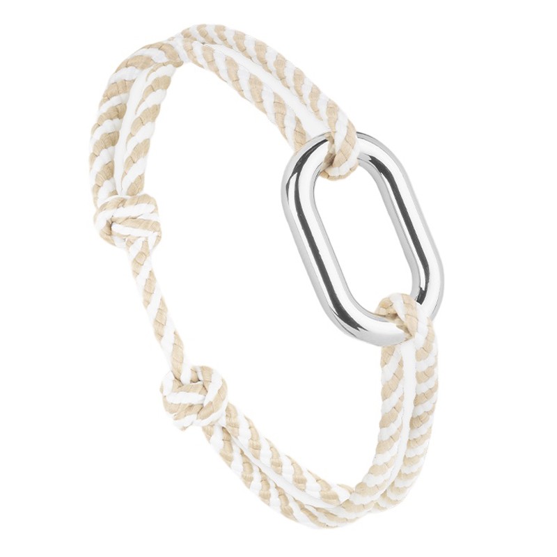 Bracelet HUNE argent - Maillon ovale & Cordon rayé beige, blanc - Le Vent à la Française