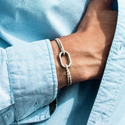 Bracelet HUNE argent - Maillon ovale & Cordon rayé beige, blanc