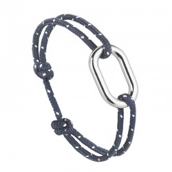 Bracelet MÂT argent - Maillon ovale & Cordon bleu marine moucheté blanc - Le Vent à la française