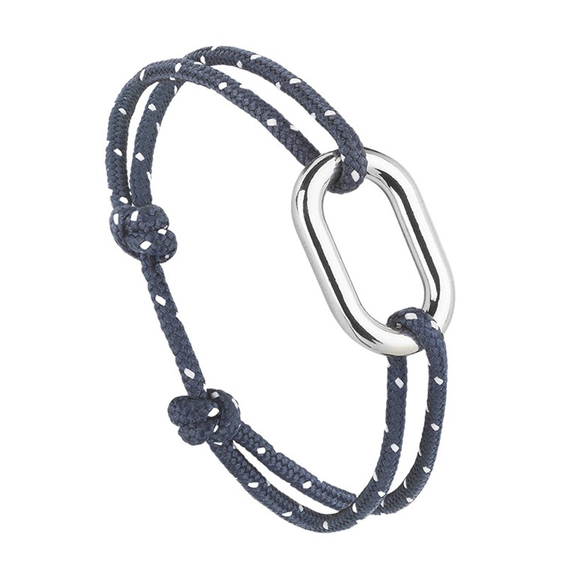 Bracelet MÂT argent - Maillon ovale & Cordon bleu marine moucheté blanc - Le Vent à la française