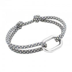 Bracelet LIVARDE argent - Maillon ovale & Cordon chiné bleu marine, blanc