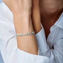 Bracelet élastique en Argent 3 tours - Perles Miyuki blanc beige vert TAILLE M