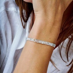 Bracelet élastique 3 tours en argent  - Perles blanc intemporel TAILLE S
