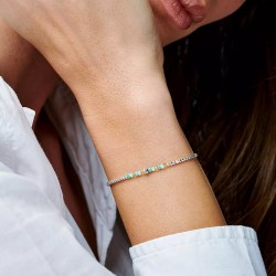 Bracelet élastique en Argent - Tubes, Perles blanc beige & vert TAILLE M