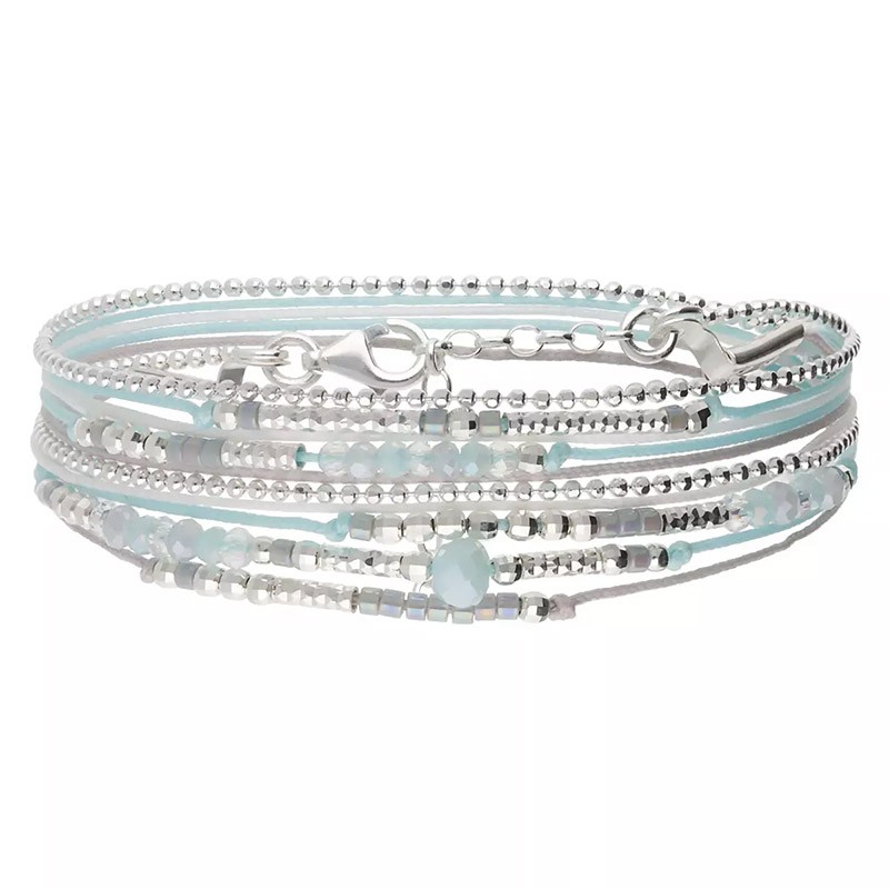 Bracelet 2 tours ATLANTA argent - Cordons & Perles bleu gris blanc - DORIANE Bijoux