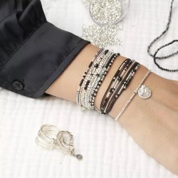 Bracelet 2 tours ATLANTA argent - Cordons & Perles noires