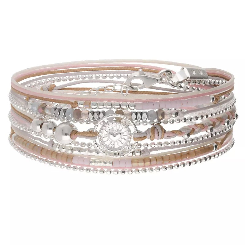 Bracelet cordons 3 tours Rose beige gris & Anneau coeur diamanté argent