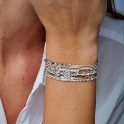 Bracelet cordons 3 tours Rose beige gris & Anneau coeur diamanté argent