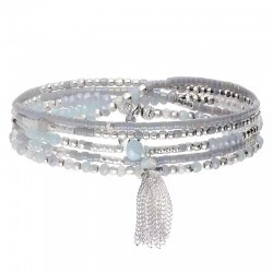 Bracelet élastique 5 tours en Argent - Miyuki bleu-clair gris & Pompon - DORIANE Bijoux