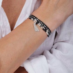 Bracelet élastique 5 tours en Argent - Noir intemporel & Pompon TAILLE M