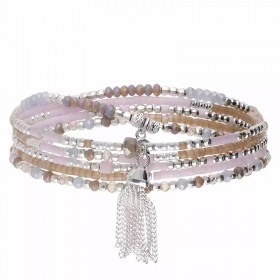 Bracelet élastique 5 tours en Argent - Miyuki rose beige gris & Pompon - DORIANE Bijoux