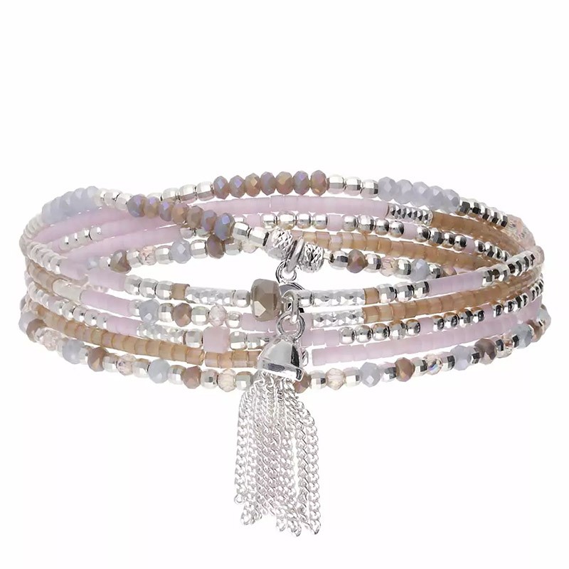 Bracelet élastique 5 tours en Argent - Miyuki rose beige gris & Pompon - DORIANE Bijoux