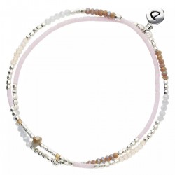 Bracelet élastique en Argent 2 tours - Perles tubes diamantés & Miyuki rose beige gris - DORIANE Bijoux