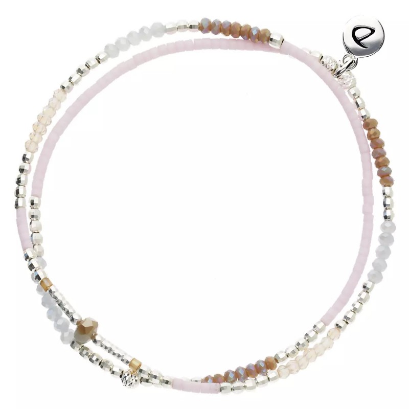 Bracelet élastique en Argent 2 tours - Perles tubes & Miyuki rose beige gris - DORIANE Bijoux