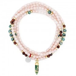 Collier bracelet 4 tours pendentif TOTEM Rose & Pierres gemmes TETES BLONDES