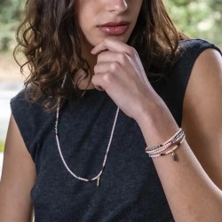 Collier bracelet 4 tours pendentif TOTEM Rose & Pierres gemmes